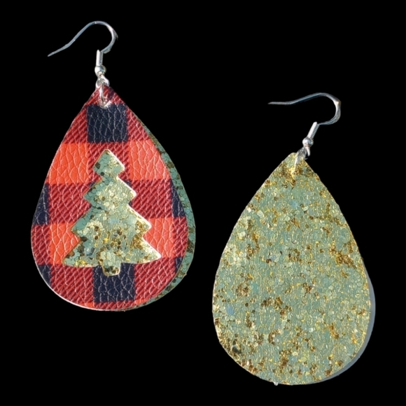 5/$25 Christmas Tree Glitter Earrings Faux Leather Plaid Christmas Dangle red - Picture 2 of 12